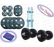 30 Kg Branded Rubber plates stearing cut Design + Dumbells rods 14" + Free Gift